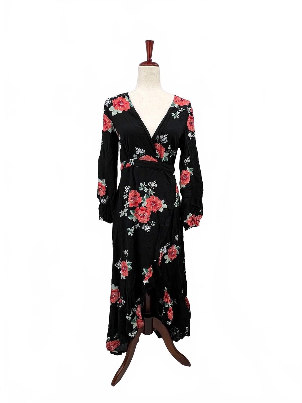 Cotton Candy la Wrap Dress Black | Regular M Floral Hi-Low Rayon